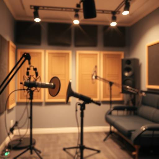 Interno dello studio di registrazione podcast con microfoni e attrezzature audio