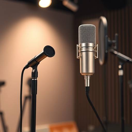 Un microfono Neumann U87 Ai su uno stand in uno studio di registrazione.